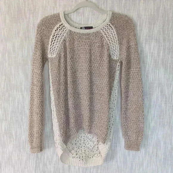 JJ Basics Womens XS Crochet Sweater Beige Y2K Open Knit Boho Beachy Feminine - Picture 6 of 6